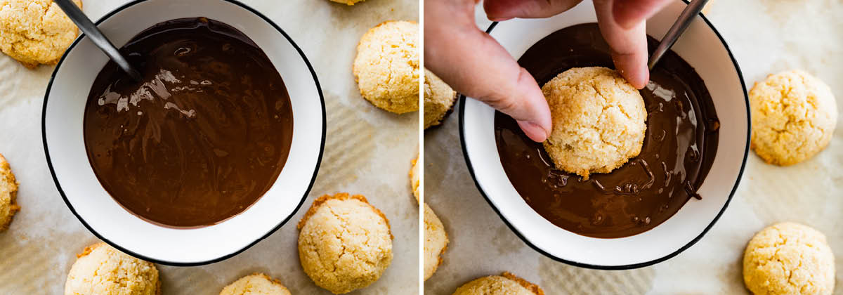 Photo of a bowl of melted chocolate. Photo besides it of a hand dipping a coconut macaroon into the chocolate.