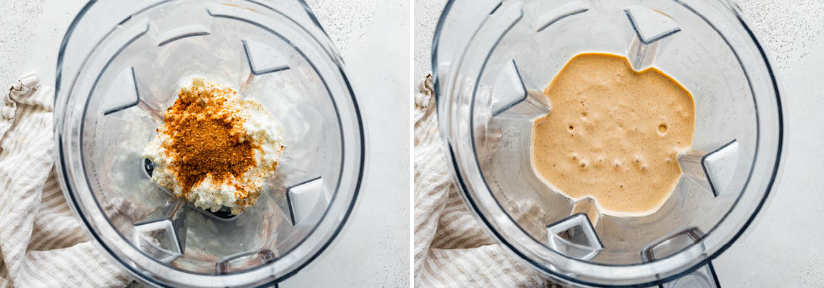 Photo of cottage cheese and taco seasoning in a blender. Photo beside is the cottage cheese and spices blended until smooth.