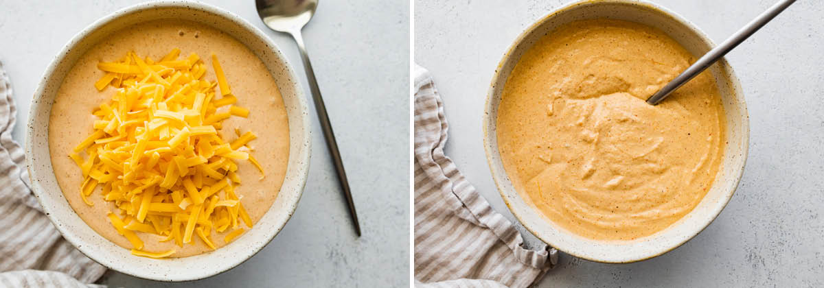 Side by side photos of cottage cheese and cheese being melted together in a bowl.