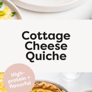 Two photos showing a slice of Cottage Cheese Quiche, and the quiche in a pan, with a couple slices cut out of it.