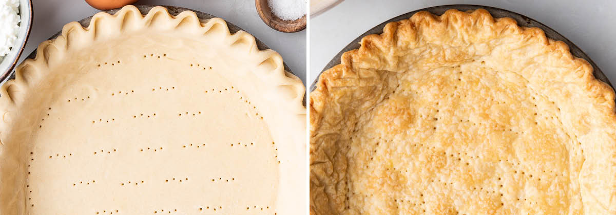 Side by side photos of pie crust in a pan, before and after being baked.