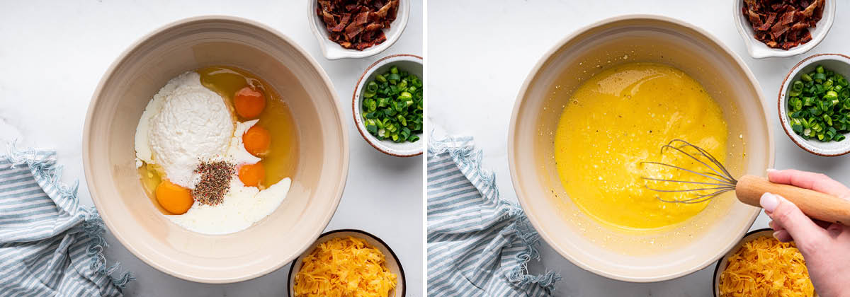 Side by side photos of eggs, cottage cheese and spices in a bowl getting whisked together.