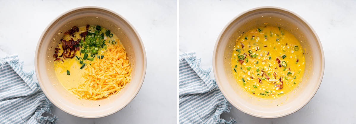 Side by side photos of bacon, scallions and cheese being mixed into the egg mixture for quiche.