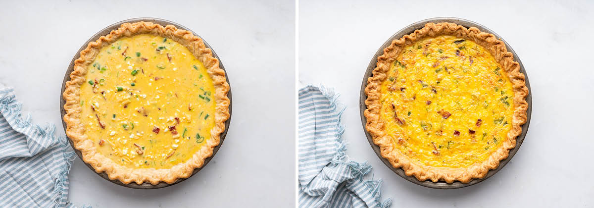 Side by side photos of a Cottage Cheese Quiche, before and after being baked.