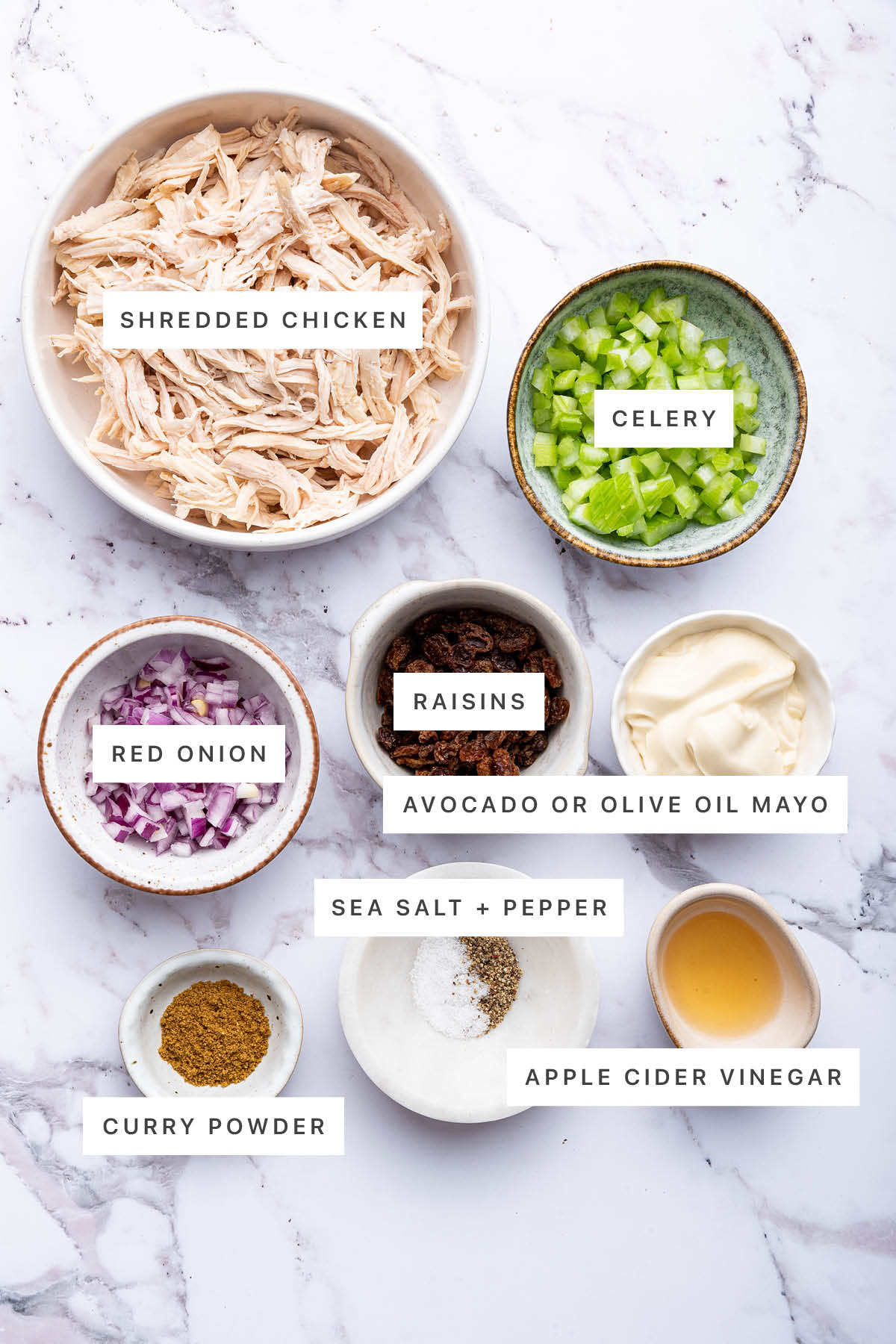 Ingredients measured out to make Curry Chicken Salad: shredded chicken, celery, red onion, raisins, avocado or olive oil mayo, curry powder, sea salt, pepper and apple cider vinegar.