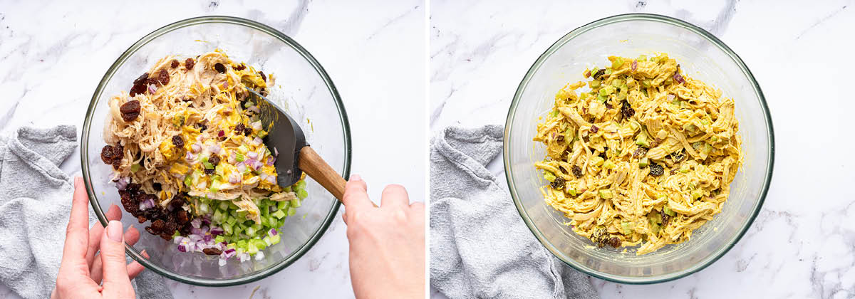 Side by side photos of a spatula stirring Curry Chicken Salad together in a bowl.