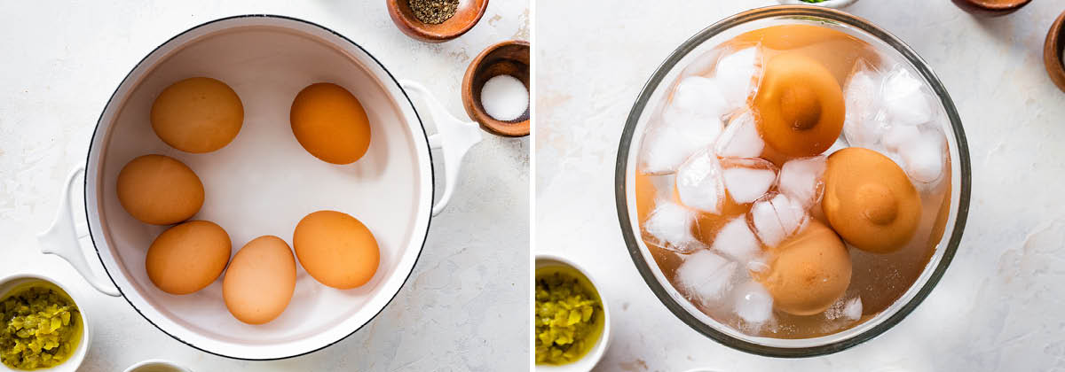 Two photos showing eggs in a pot of water to be boiled, and a photo of the eggs in an ice bath to stop the cooking.