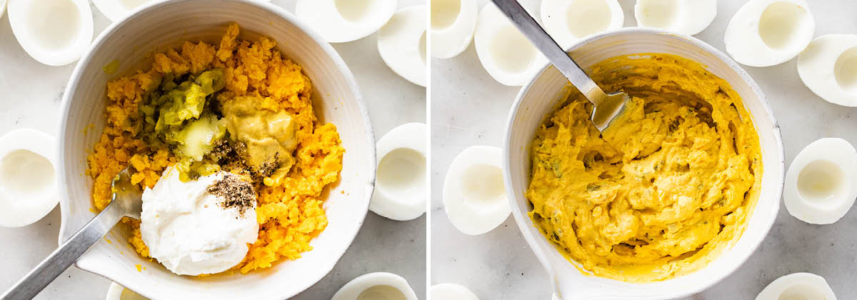 Side by side photos of deviled egg filling mixture, before and after being stirred together.