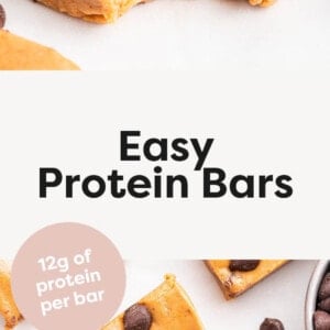 Easy Protein Bars with chocolate chips on top, a photo with a bar with a bite out of it.