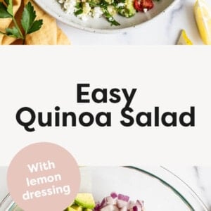 Quinoa salad in a bowl, and a photo of avocado, tomatoes, red onion, feta, spinach and quinoa in a bowl before tossing to make the salad.