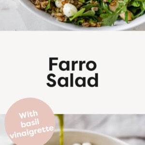 Farro Salad with arugula, beans, mozzarella and sun dried tomatoes. Photo of the salad in a bowl, and a photo of the ingredients in a salad bowl before being tossed and the basil vinaigrette being drizzled on.