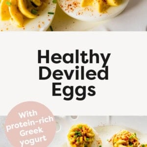 Two photos of deviled eggs on a plate garnished with paprika and chives.