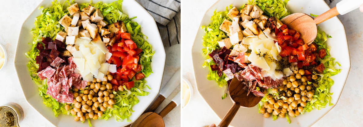 Photo of a salad topped with chicken, chickpeas, tomatoes, cheese, turkey bacon and salami. Photo beside is of the same salad topped with Italian dressing and served with salad spoons.