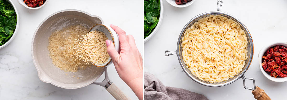 Two photos showing the process to cook orzo pasta, boil and drain.