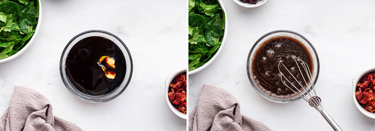 Two photos showing a bowl with the ingredients to make balsamic dressing, before and after being whisked.