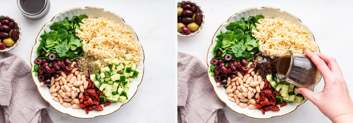 Ingredients to make a Mediterranean Orzo Salad in a bowl, next to a photo of balsamic dressing being poured over the salad.