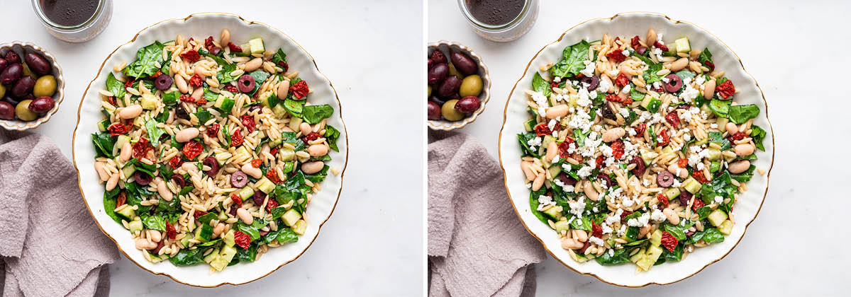 Mediterranean Orzo Salad in a bowl, and a photo of the salad topped with feta.