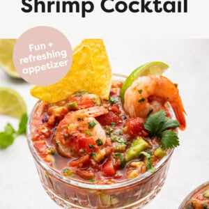 Mexican Shrimp Cocktail served in a glass with tortilla chips.