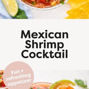 Two photos showing Mexican Shrimp Cocktail served in a glass.