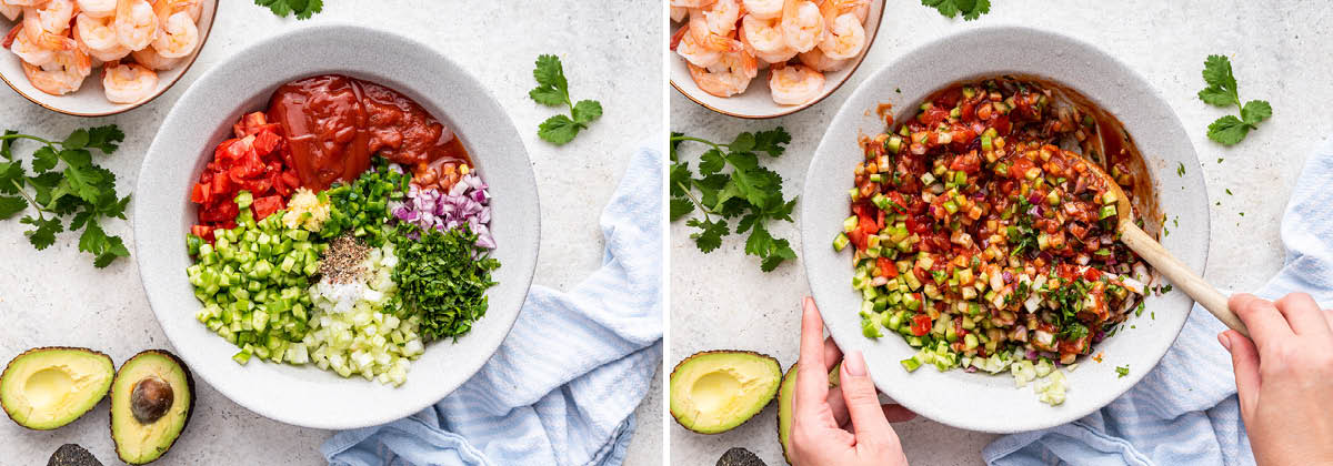 Two photos showing cilantro, onion, peppers, celery, tomato sauce and ketchup being stirred together in a bowl to make the base for Mexican Shrimp Cocktail.