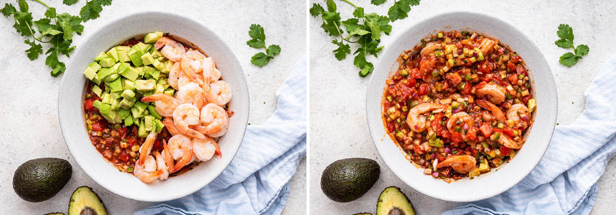 Shrimp and avocado being added to the base mixture for Mexican Shrimp Cocktail and being mixed together. (two photos showing the steps)