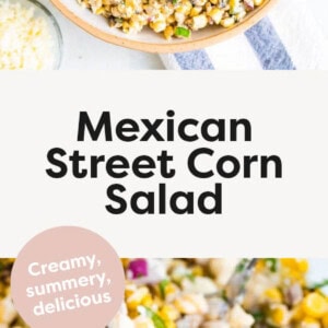 Mexican Street Corn Salad in a bowl, topped with creamy dressing, cilantro and lime.