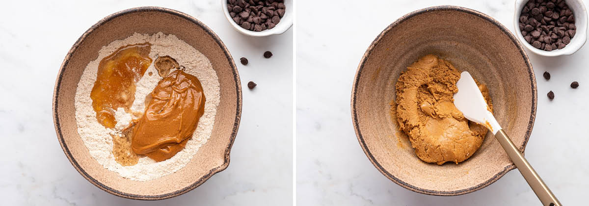Side by side photos of the ingredients to make Easy Protein Bars in a bowl, before and after being mixed.