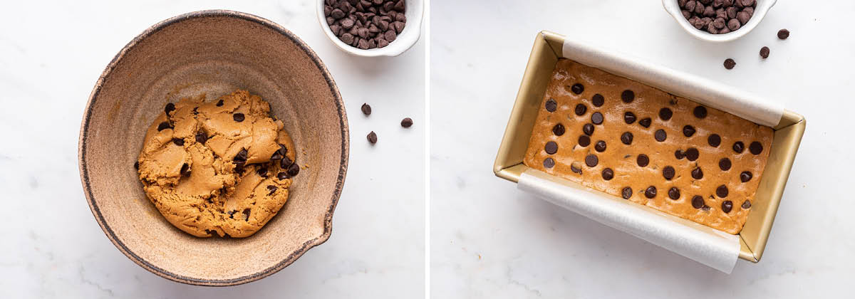 Photo of mixture to make Easy Protein Bars in a bowl, and a photo of the mixture pressed into a loaf pan and topped with chocolate chips.