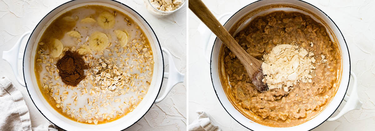 Side by side photos of oatmeal, cinnamon and banana in a pot, before and after being cooked, and protein powder added in the second photo.