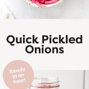 Pickled onions in a bowl, and in a jar being pickled.