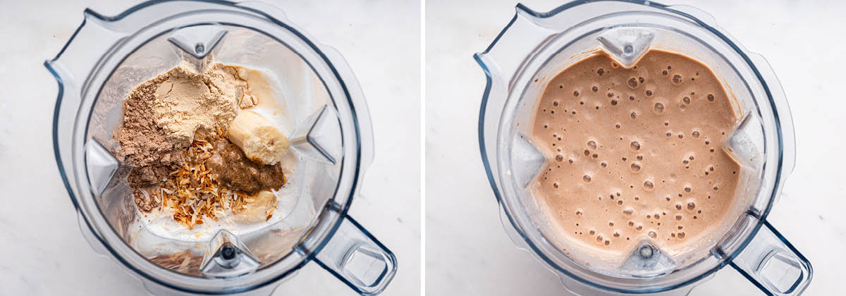 Side by side photo of the ingredients to make a Samoa Protein Shake in a blender, before and after being blended.