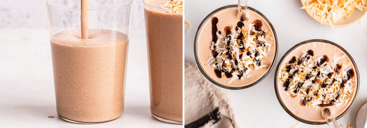 Photo of Samoa Protein Shake being poured into a glass, and a photo of two shakes topped with coconut and chocolate drizzle.