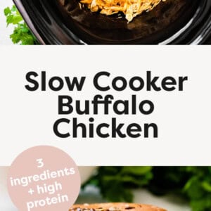 Shredded buffalo chicken in a slow cooker, and a photo of the chicken served on a bun with greens.