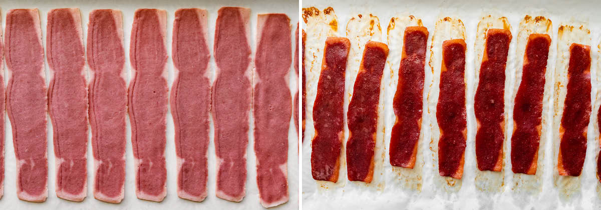 Side by side photos of turkey bacon, before and after being cooked on a cookie sheet.