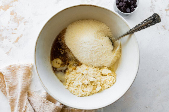 Ingredients in a large mixing bowl used for coconut macaroons.