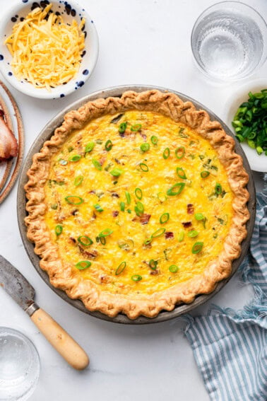 Cottage cheese quiche in a pan.