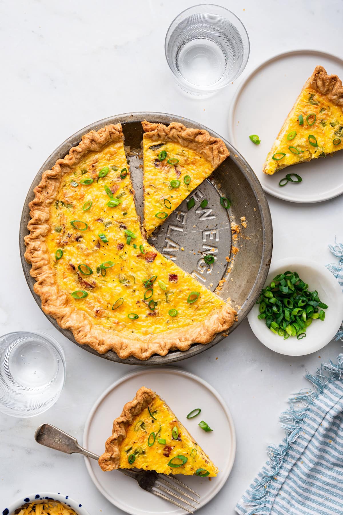 Cottage cheese quiche in a circular pan.