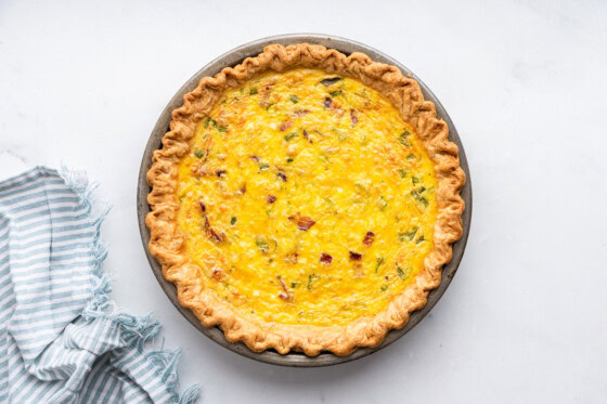 Cottage cheese quiche in a pan after being baked.