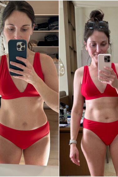 Before and after of a woman in a red bathing suit.