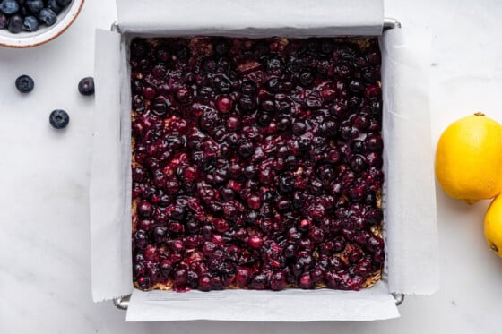 Blueberries on top of one layer in a square baking pan for the blueberry crumble bars.