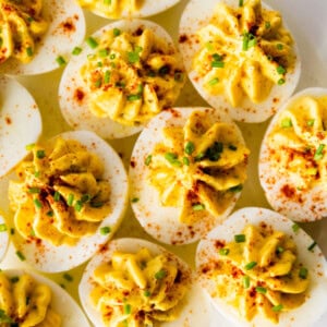 Healthy deviled eggs on a plate.