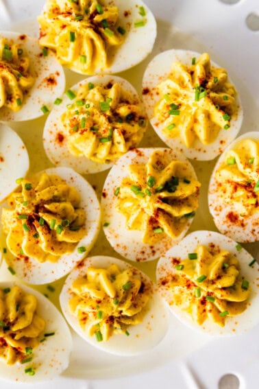 Healthy deviled eggs on a plate.