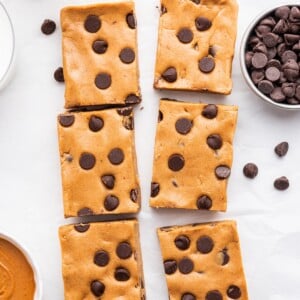 Six peanut butter protein bars cut.