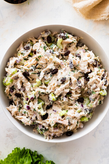 Tarragon chicken salad in a white serving bowl.