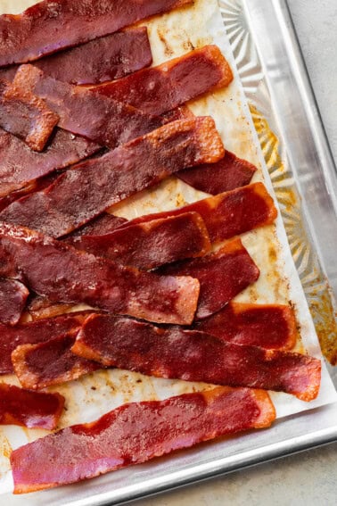 Turkey bacon on a baking tray.