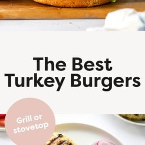 Turkey burger with onion, lettuce and tomato on a bun. Photo below is a bird's eye view of the burger, open faced on a plate.