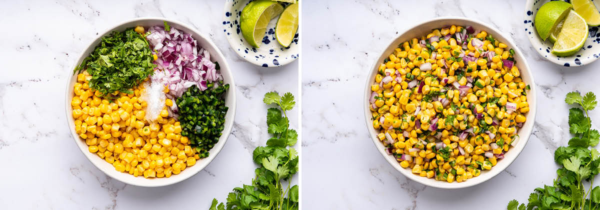 Two photos showing a bowl of Easy Corn Salsa ingredients, before and after being tossed.