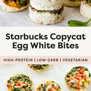 Two photos showing egg white bites stacked and on parchment paper.