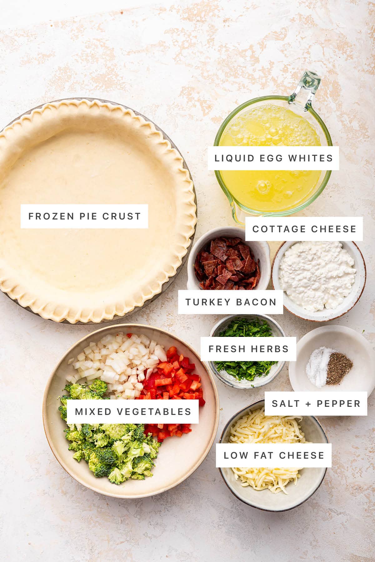 Ingredients measured out to make Egg White Quiche: frozen pie crust, liquid egg whites, cottage cheese, turkey bacon, fresh herbs, salt, pepper, mixed vegetables, low far cheese.