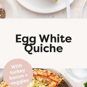 A slice of an Egg White Quiche and a photo of the quiche in a pan with some slices taken out of it.